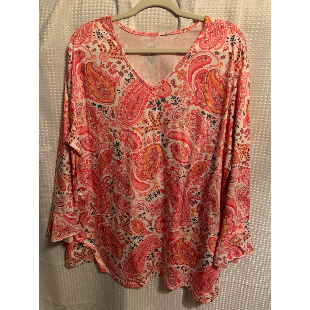 Pink Orange Paisley V-Neck Long Sleeve Plus Size Blouse Top 4XL